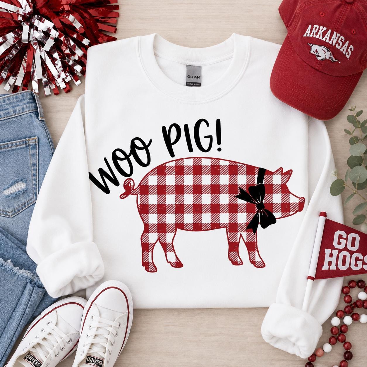 Woo Pig PNG, Red Gingham Pig, Arkansas Football Game Day Design (Digital Download)