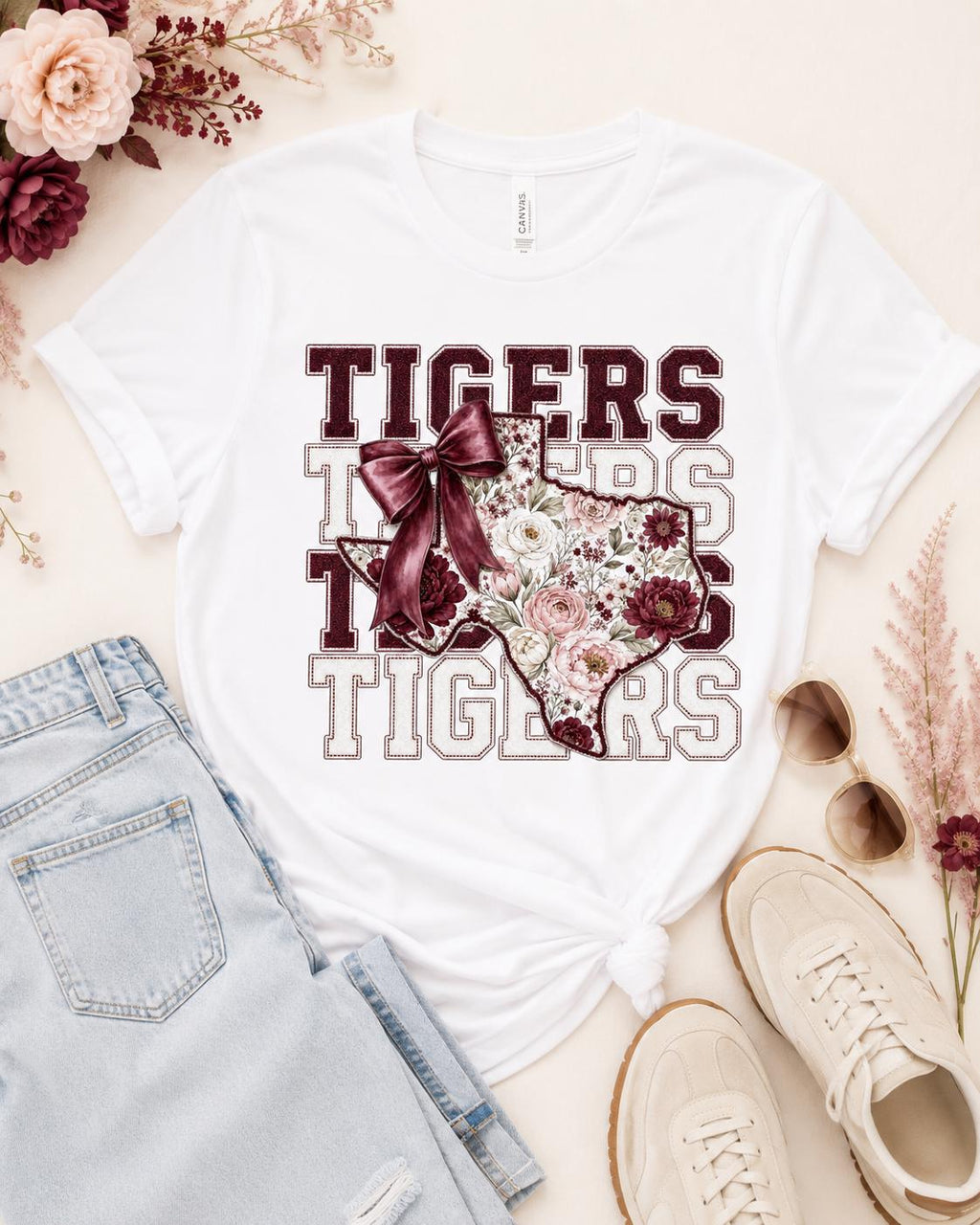 Floral Texas Tigers PNG, Maroon Game Day Bow Design (Digital Download)