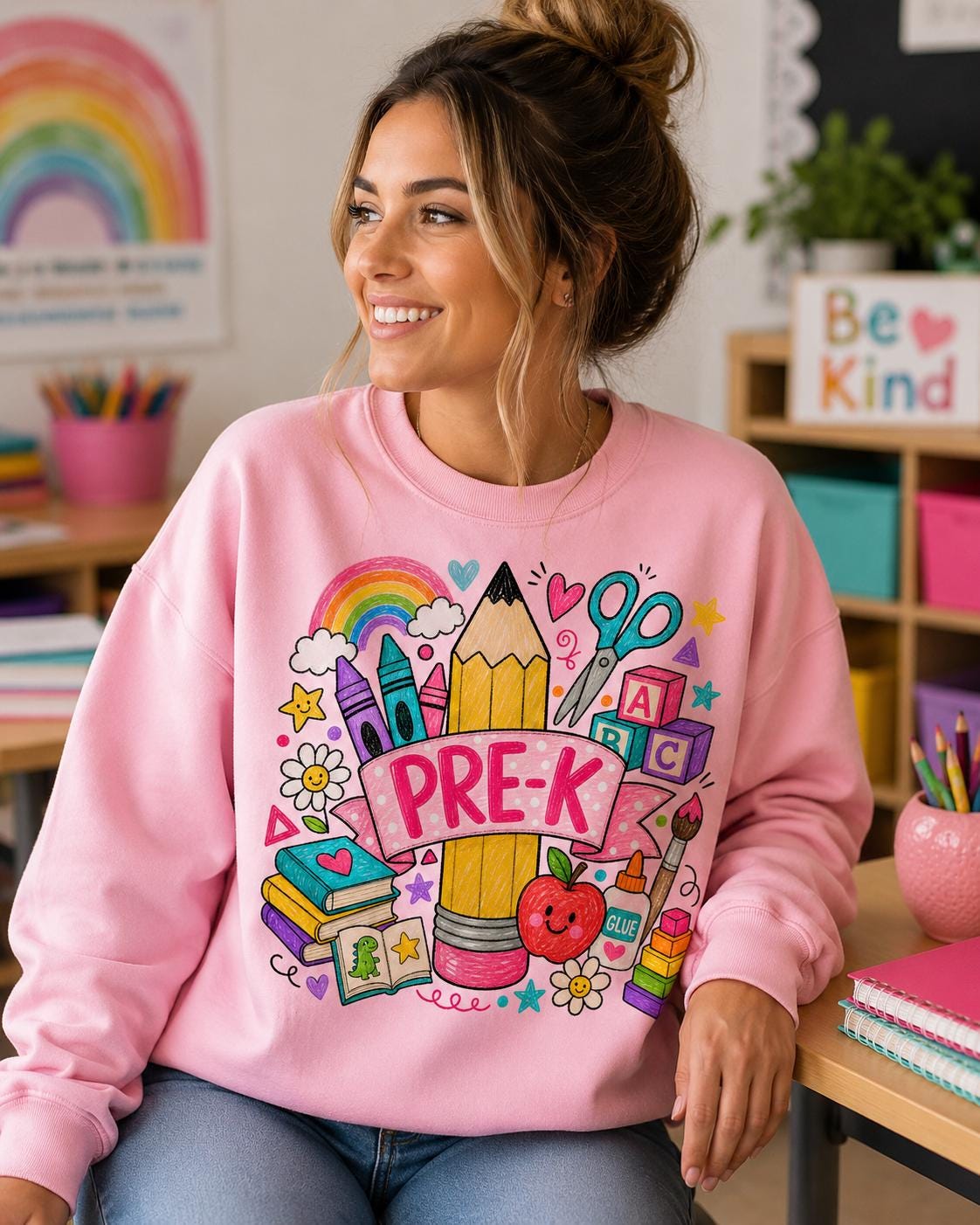 Pre-K Teacher PNG, Colorful School Supplies, Back to School Design (Digital Download)