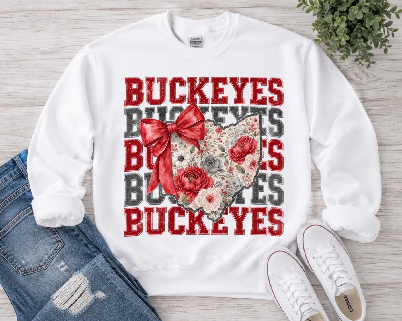 Floral Ohio Silhouette Bow PNG, Buckeyes Game Day Sublimation (Digital Download)