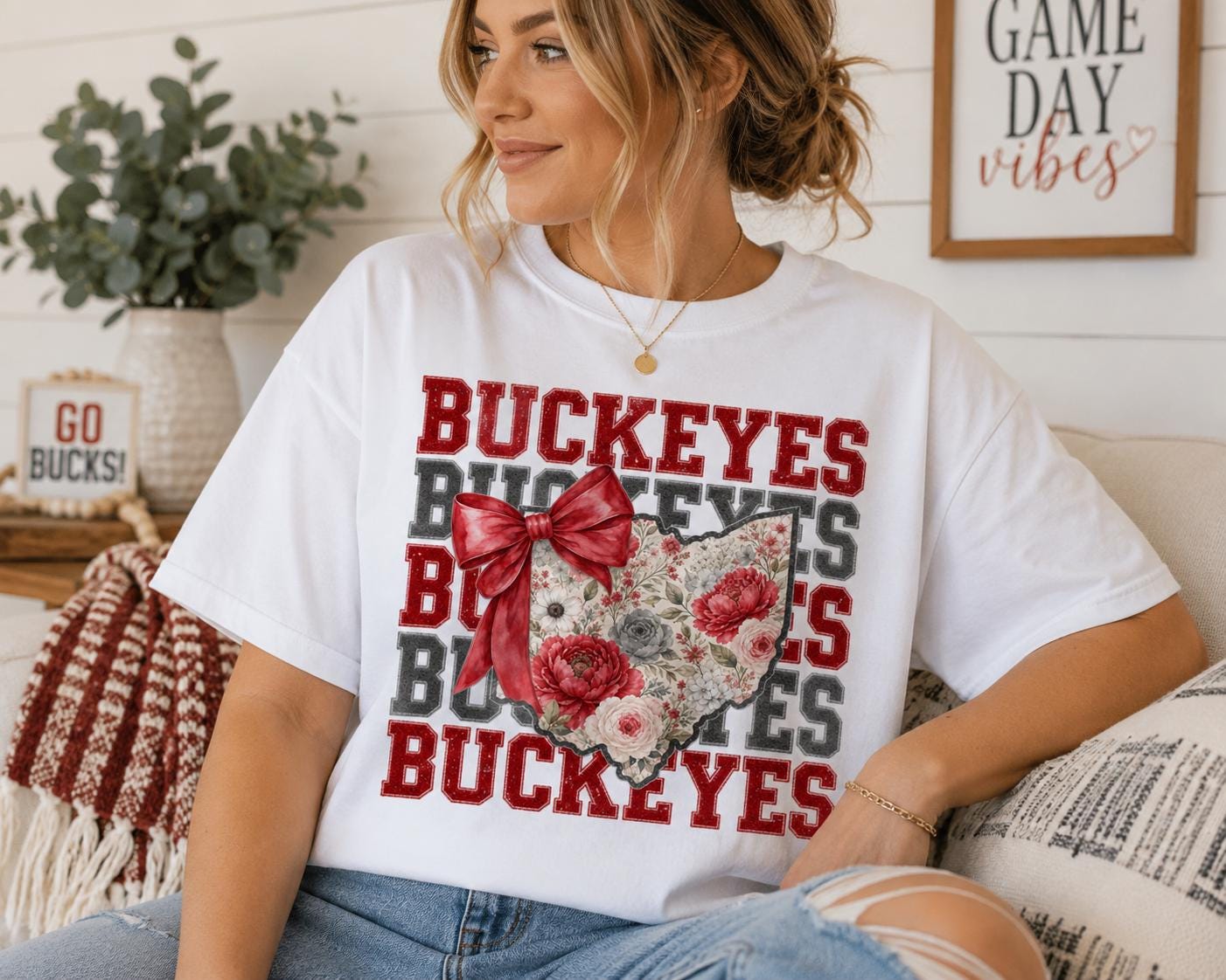 Floral Ohio Silhouette Bow PNG, Buckeyes Game Day Sublimation (Digital Download)