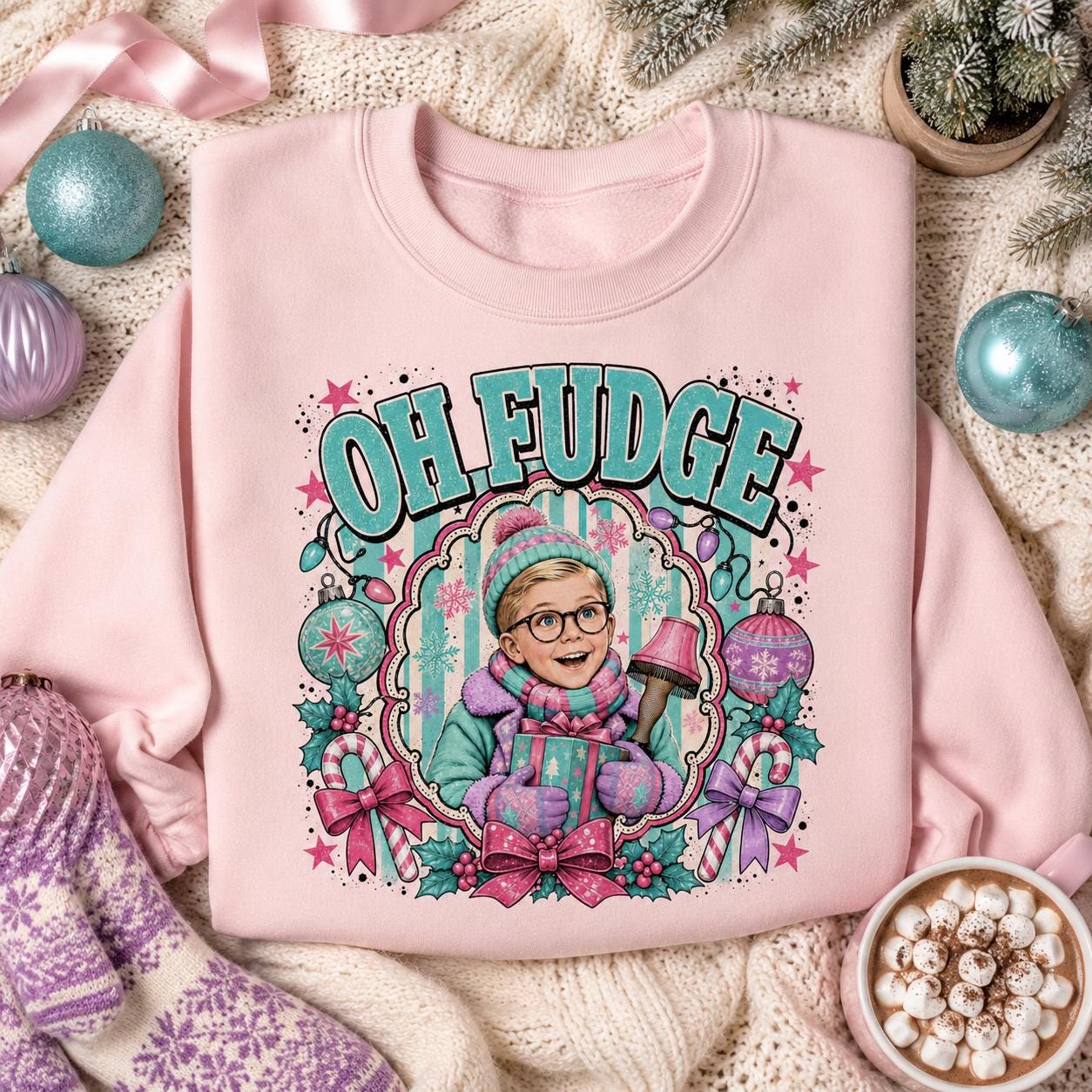 Oh Fudge Christmas PNG, Funny Retro Holiday Movie Shirt Design, Pink Teal Leg Lamp Sublimation Download