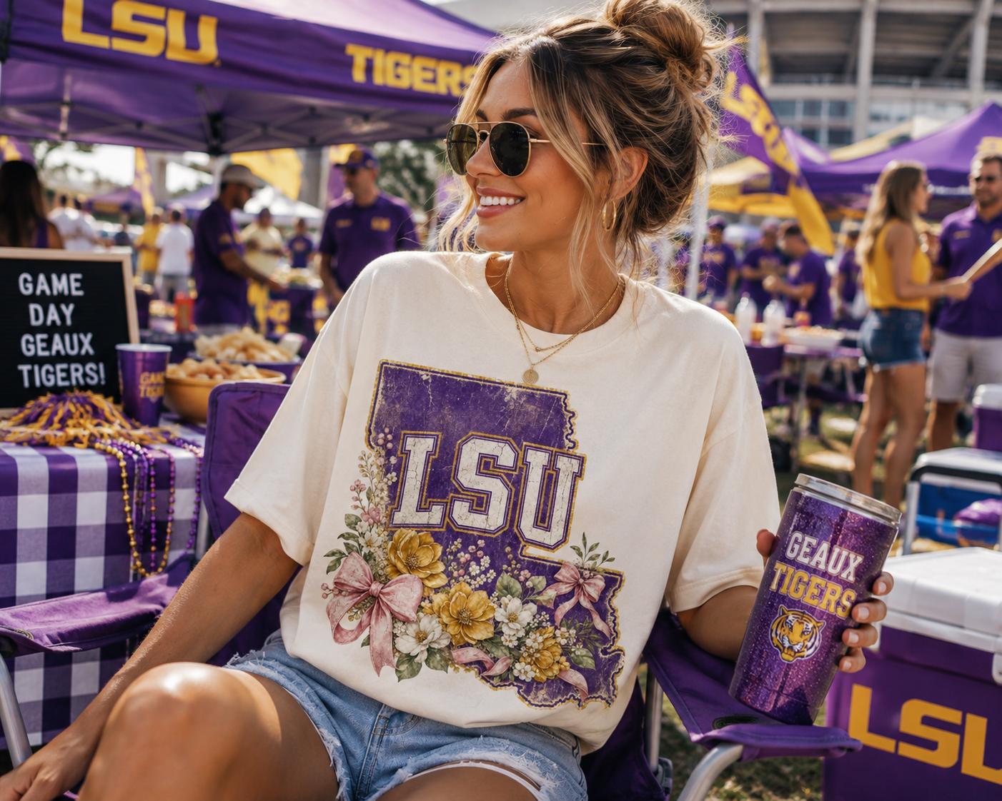 LSU Tigers Floral Design, Distressed Purple Louisiana, Game Day Apparel (Digital Download)