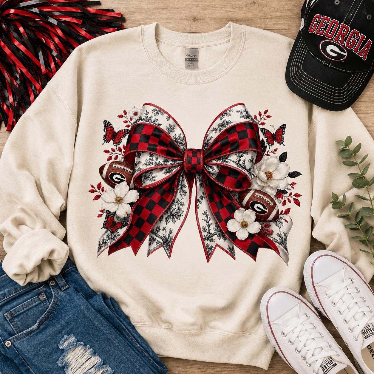 Georgia Bulldogs Coquette Bow PNG, Red Black Football Mom Design (Digital Download)