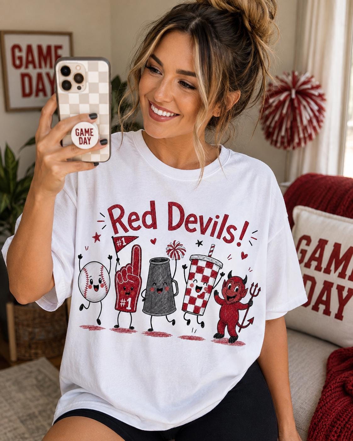 Red Devils Mascot Graphic Tee, School Spirit Football Shirt
