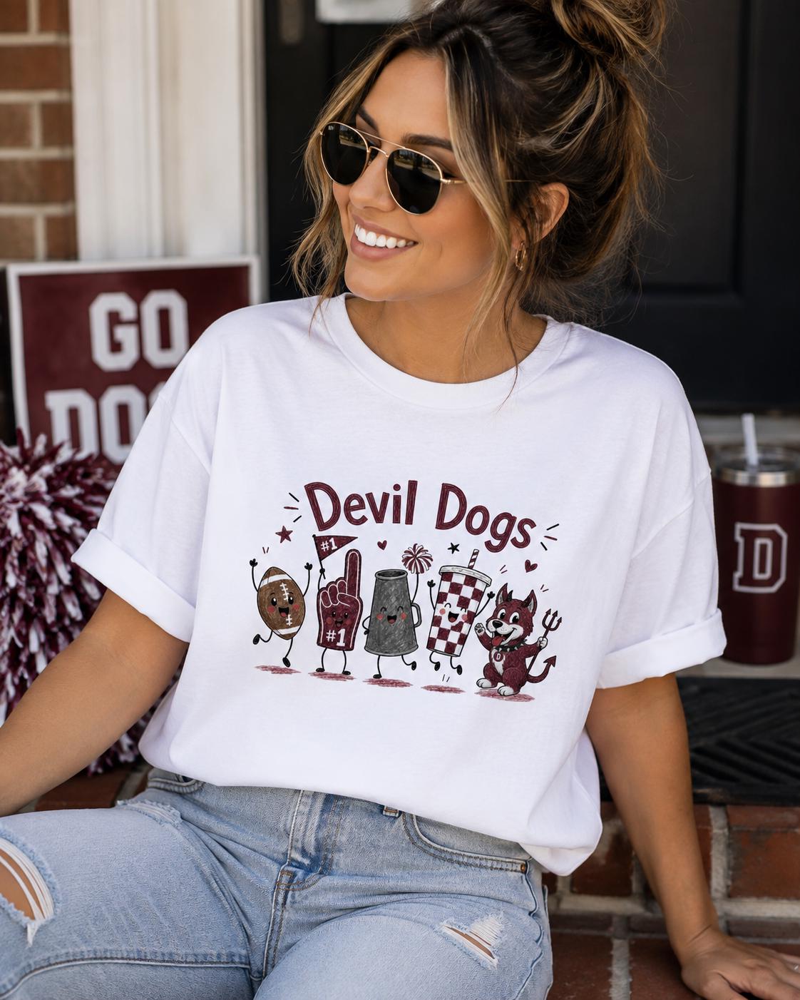 Devil Dogs Mascot Football Shirt, Maroon Game Day School Spirit Tee