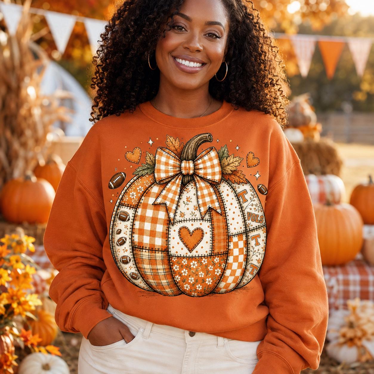 Tennessee Football Pumpkin PNG, Orange Patchwork Fall Game Day Sublimation