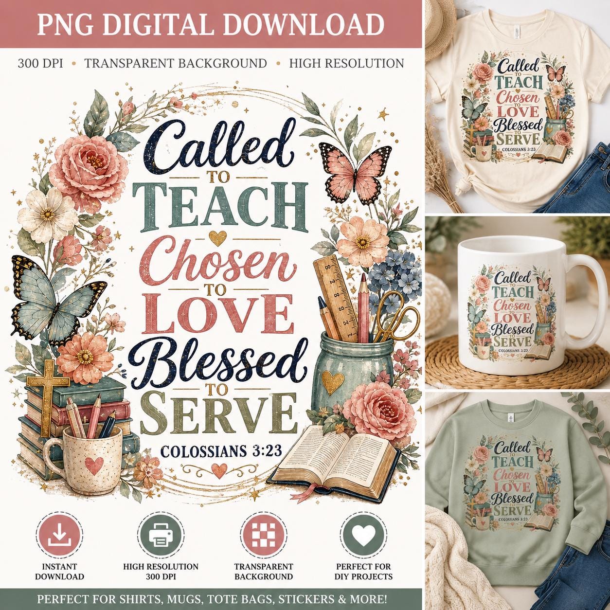 Christian Teacher PNG | Faith Floral Bible Verse Sublimation Design (Digital Download)