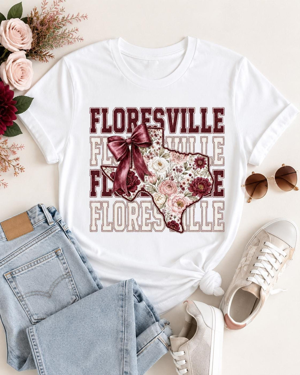 Floresville Texas PNG, Floral School Spirit Design, Maroon Game Day, Coquette Bow (Digital Download)