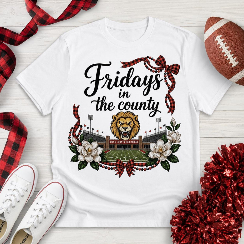 Boyd County Lions PNG, Fridays in the County Football Design, Red Black High School Game Day Download