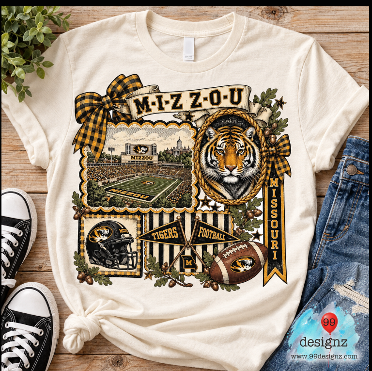 Cream T-shirt mockup showing Mizzou Tigers football collage with tiger portrait, stadium, helmet and black-and-gold plaid bows; PNG artwork only.