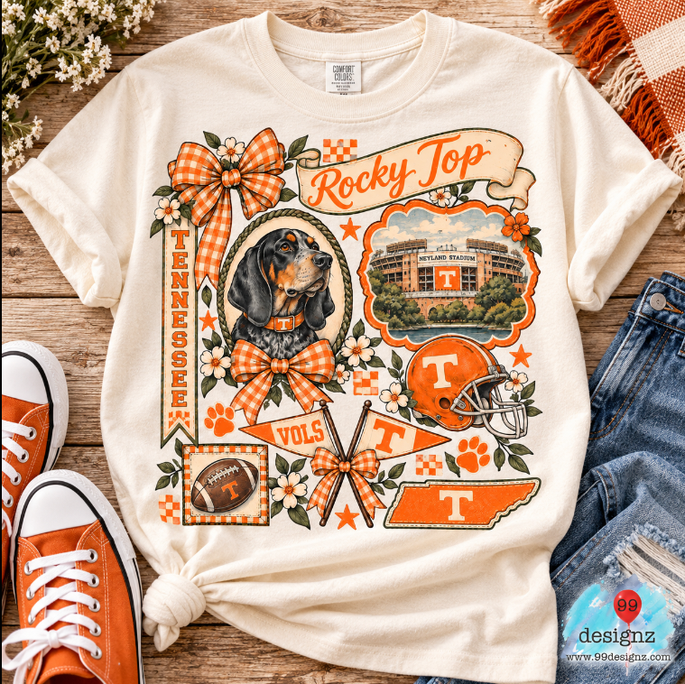 Cream T-shirt mockup with Tennessee Vols Rocky Top collage, hound, Neyland Stadium, orange gingham bows and flowers; PNG artwork only, shirt not included.