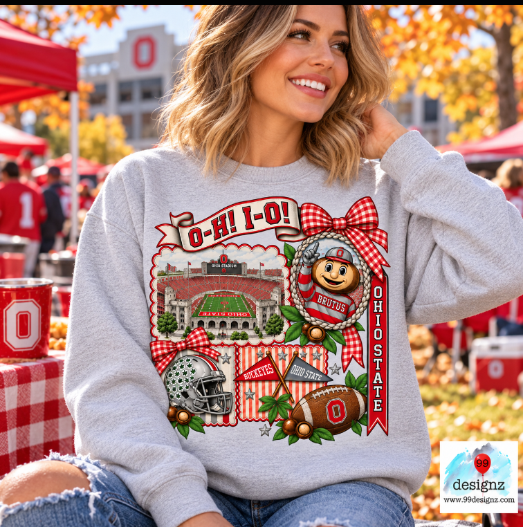Gray sweatshirt mockup with Ohio State Buckeyes football collage, Brutus, Ohio Stadium and red gingham bows; PNG artwork only, sweatshirt not included.