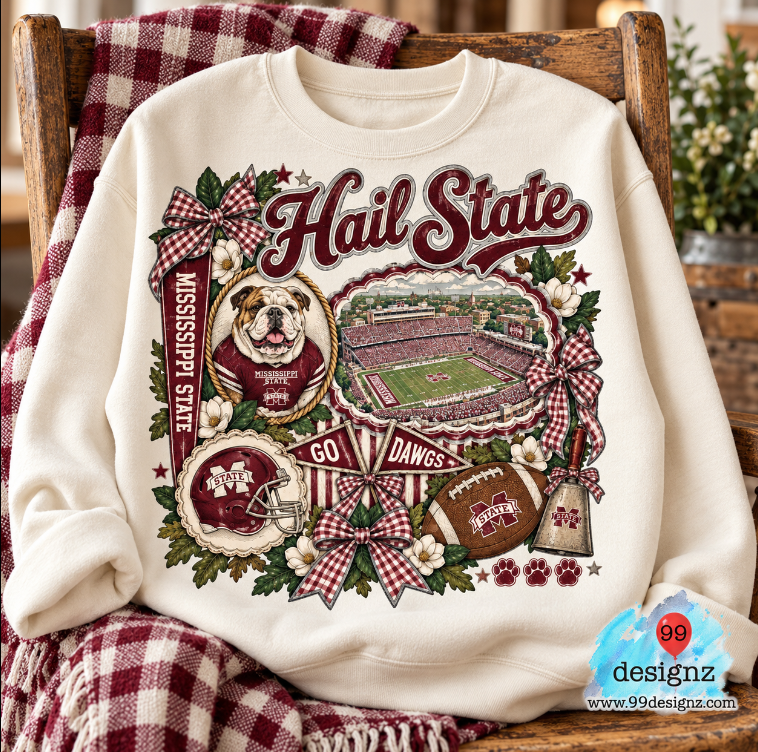 Cream sweatshirt mockup of Hail State PNG artwork with a bulldog, football stadium, maroon gingham bows, and florals.